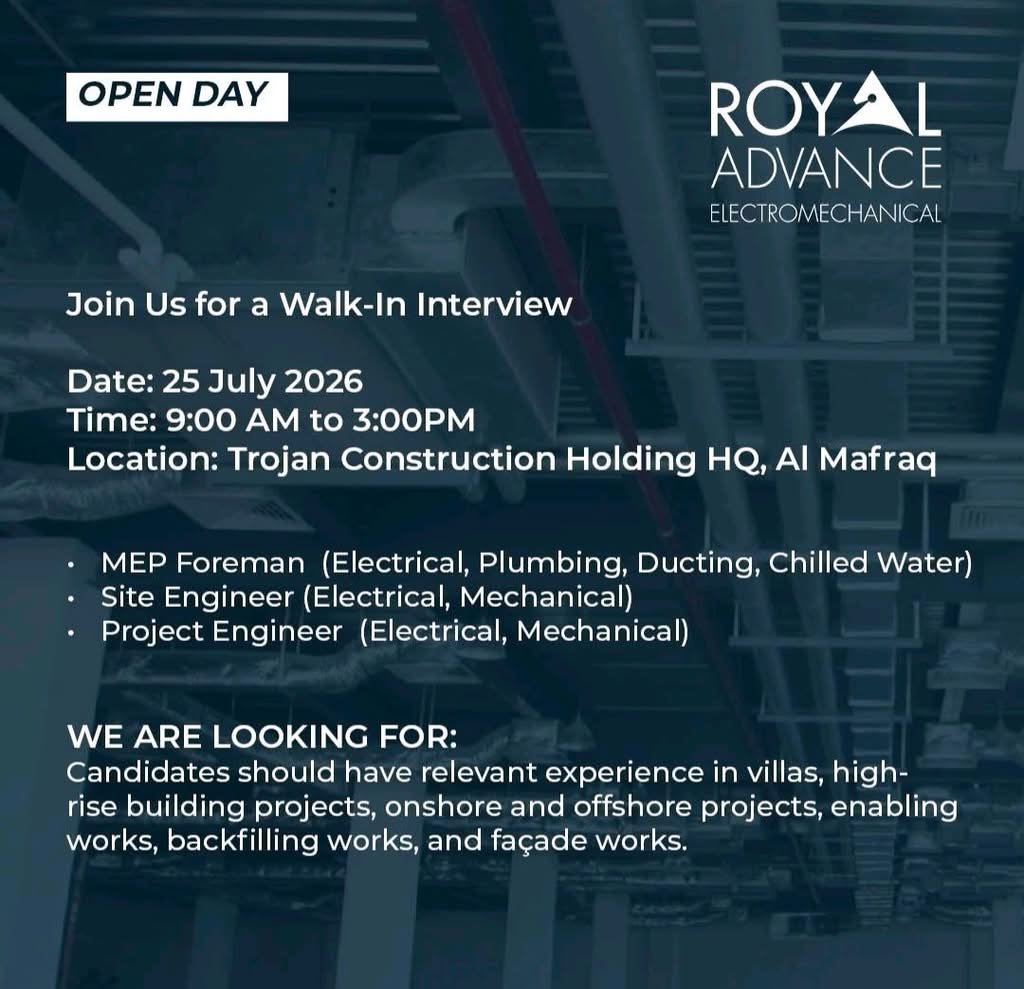 Royal Advance Electromechanical Walk-In Interview 2026 | Latest MEP Jobs in UAE 1 Royal Advance Electromechanical Walk-In Interview 2026