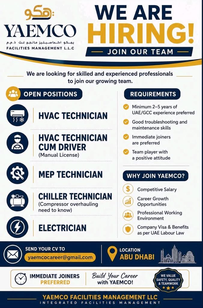 YAEMCO Facilities Management Careers 2026 – Apply for HVAC Technician, MEP Technician & Electrician Jobs in Abu Dhabi