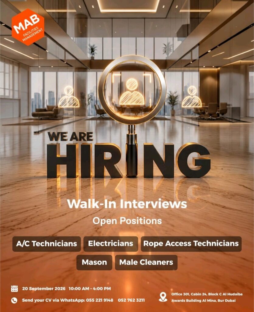 MAB Facilities Management Walk-In Interview 2026 – Latest UAE Jobs 1 MAB Facilities Management Walk-In Interview 2026 – Latest UAE Jobs