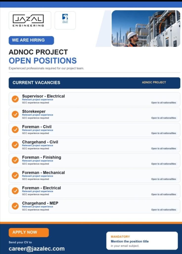 JAZAL Engineering ADNOC Project Jobs 2026 – Apply for 25 Vacancies 3 JAZAL Engineering ADNOC Project Jobs 2026 – Apply for 25 Vacancies