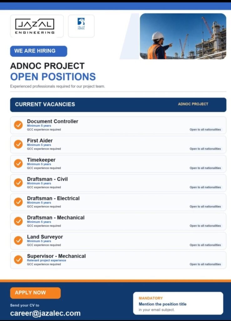 JAZAL Engineering ADNOC Project Jobs 2026 – Apply for 25 Vacancies 2 JAZAL Engineering ADNOC Project Jobs 2026 – Apply for 25 Vacancies