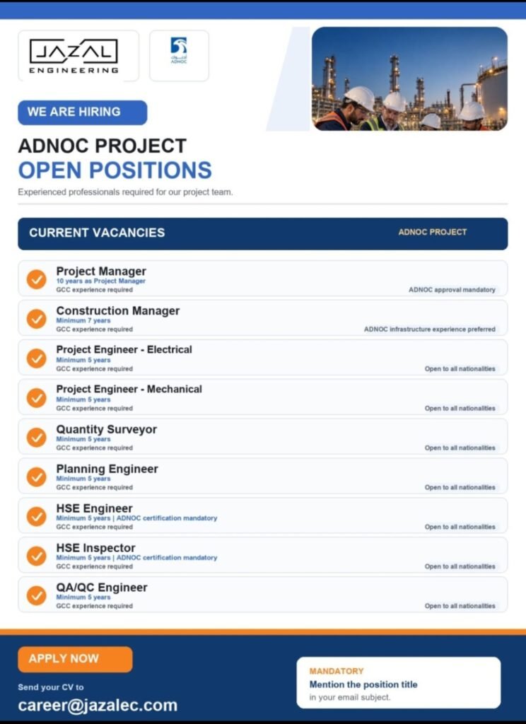 JAZAL Engineering ADNOC Project Jobs 2026 – Apply for 25 Vacancies 1 JAZAL Engineering ADNOC Project Jobs 2026 – Apply for 25 Vacancies