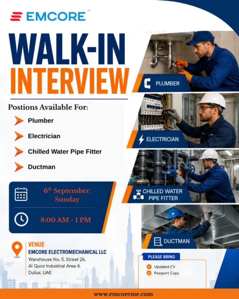 EMCORE Walk-In Interview in Dubai – Plumber, Electrician & HVAC Jobs 1 EMCORE Electromechanical LLC