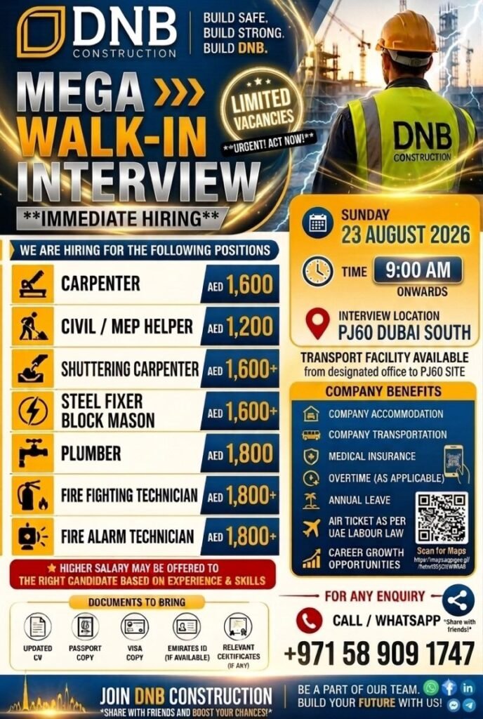 DNB Construction Jobs 2026 – Mega Walk-In Interview 1 DNB Construction
