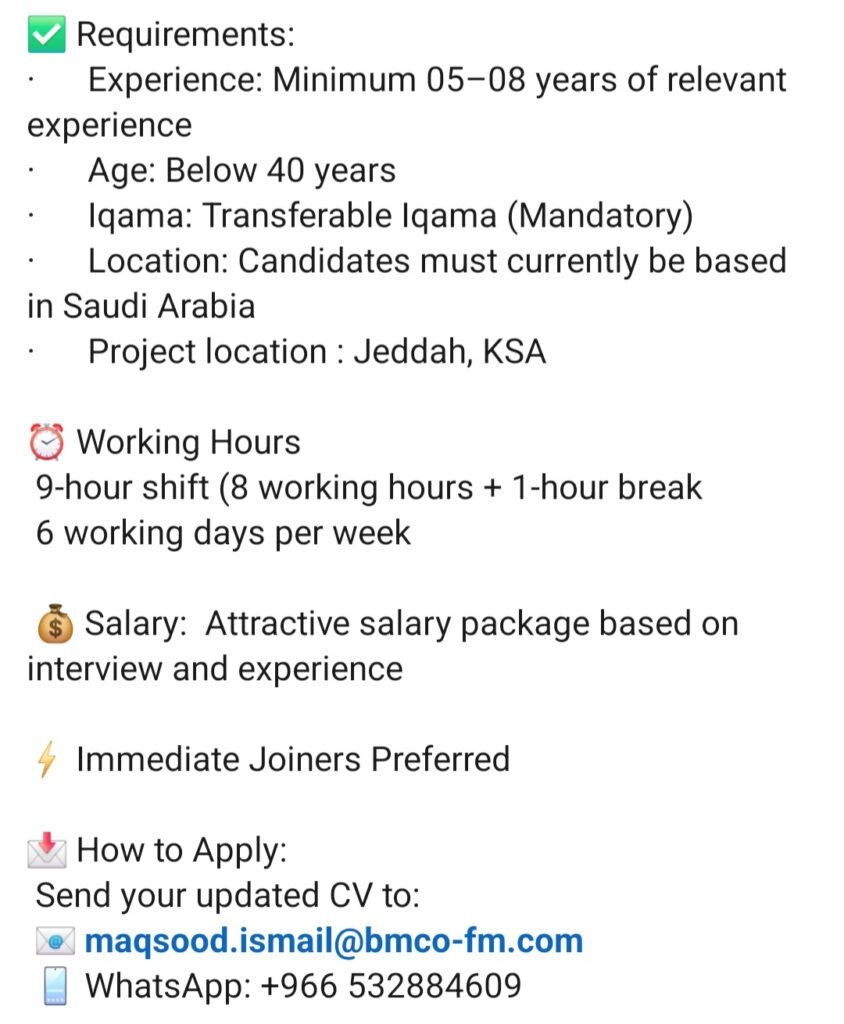 BMCO FM Jobs in Saudi Arabia – Electrical Technician, HVAC Technician & Painter 2026 2 BMCO