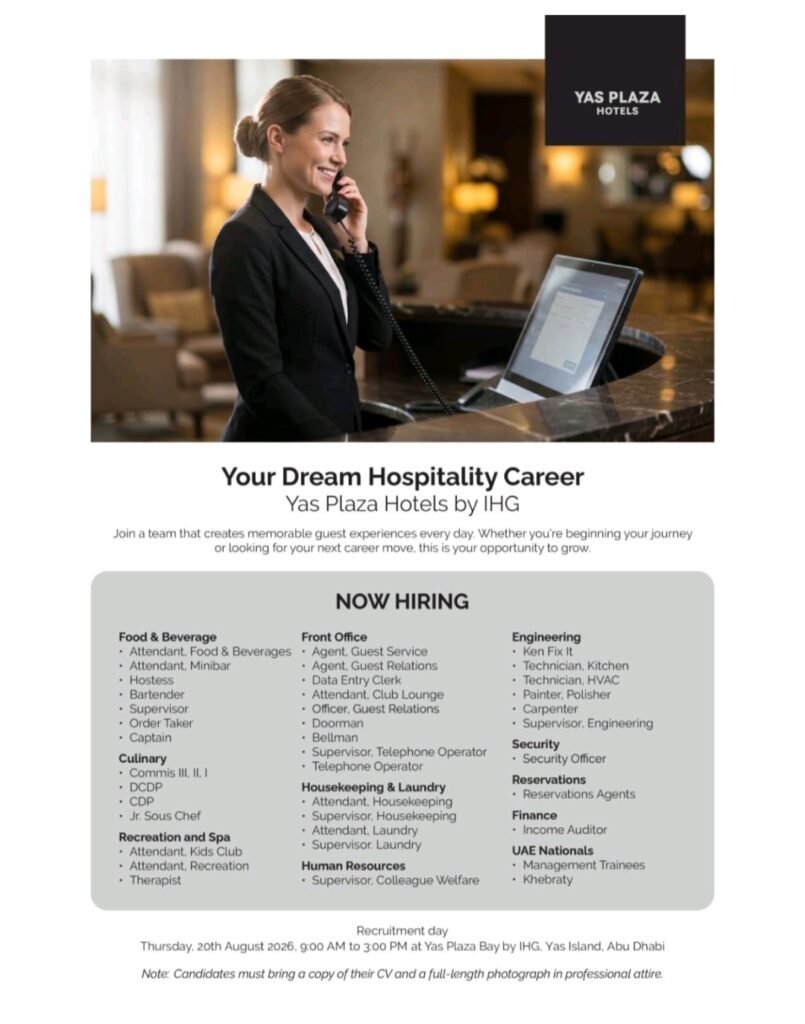 Yas Plaza Hotels Jobs 2026 – Walk-In Recruitment in Abu Dhabi 1 Yas Plaza Hotels