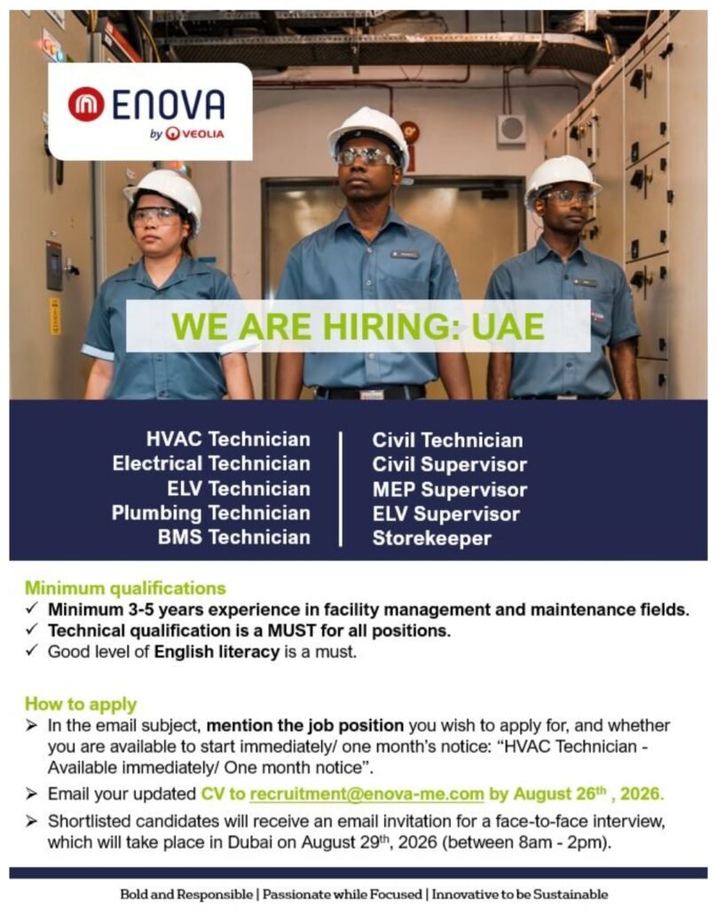 Enova UAE Jobs 2026 – Hiring for Technicians & Supervisors 1 Enova UAE jobs 2026 are open for HVAC, Electrical, Civil, ELV, Plumbing, BMS and MEP professionals. Apply by August 26 for Dubai interviews.