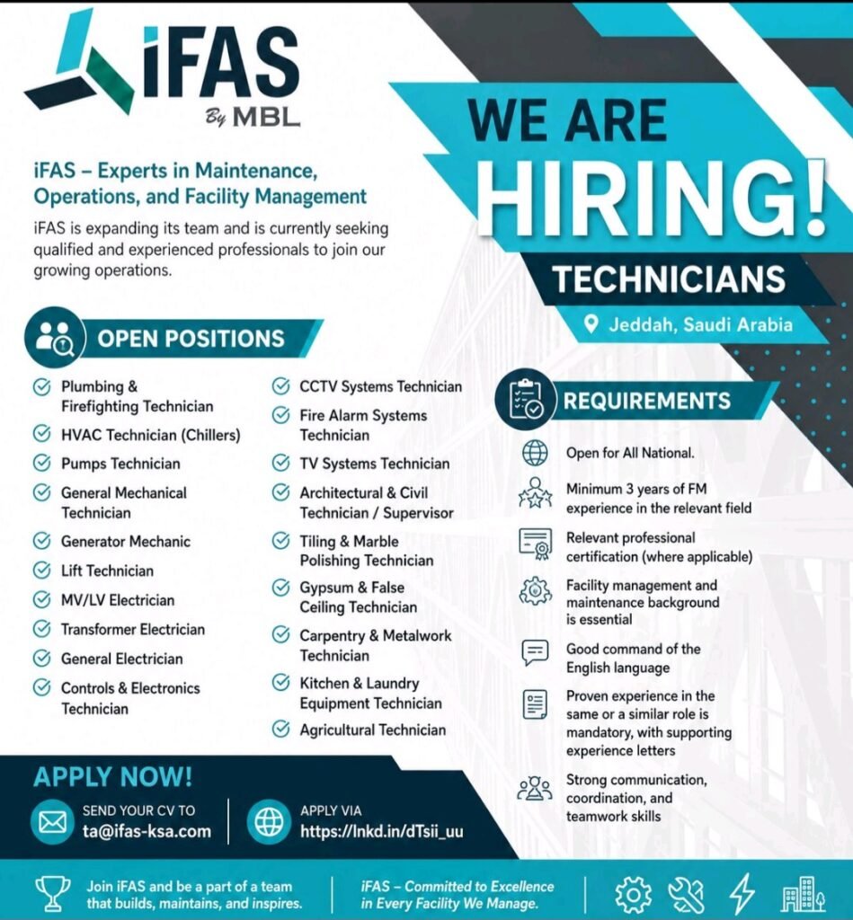 iFAS Jobs in Jeddah, Saudi Arabia – Technician Vacancies 2026 1 Saudi Arabia