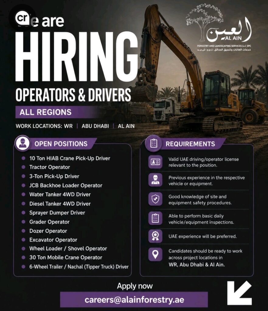Al Ain Forestry Jobs 2026 – Operators & Drivers Hiring in Abu Dhabi & Al Ain 1 Al Ain Forestry