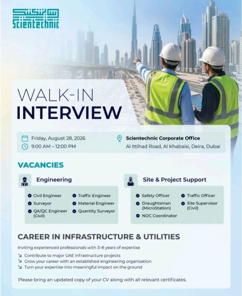 Scientechnic Walk-In Interview 2026 – Engineering & Infrastructure Jobs in Dubai 1 Scientechnic