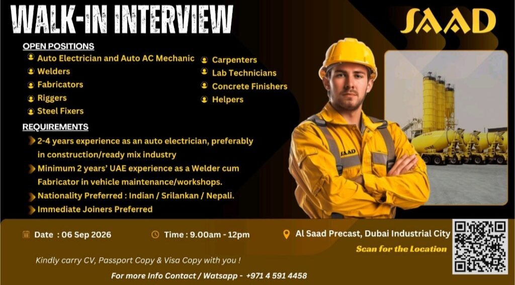 SAAD Precast LLC Jobs 2026 | Walk-In Interview in Dubai 1 SAAD Precast LLC