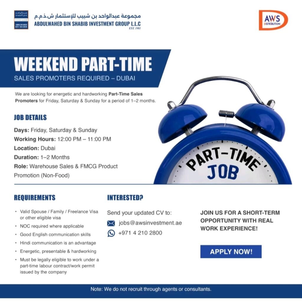 AWS Distribution Jobs in Dubai – Part-Time Sales Promoters Required 1 AWS Distribution
