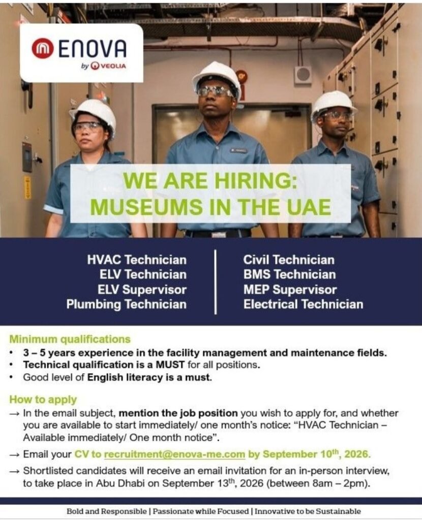 Enova by Veolia Jobs in UAE 2026 – Museums Hiring for Technicians & Supervisors