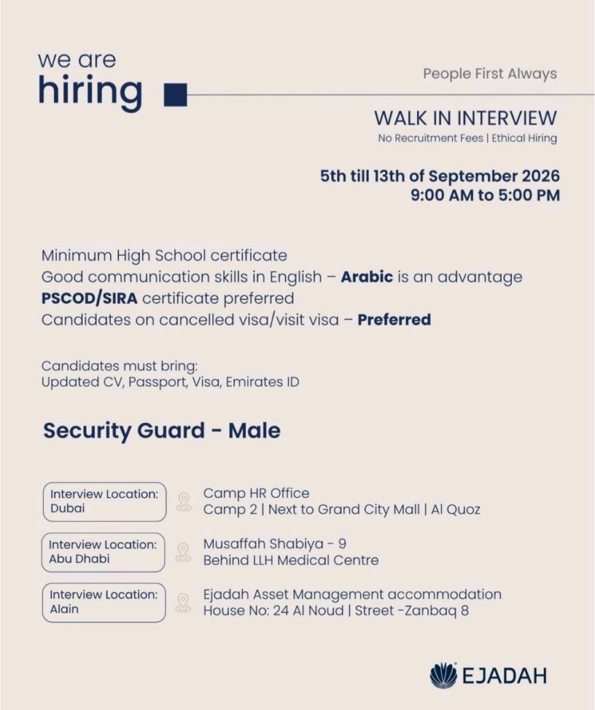 Ejadah Careers: Security Guard Jobs in Dubai, Abu Dhabi & Al Ain – Walk-In Interview 2026