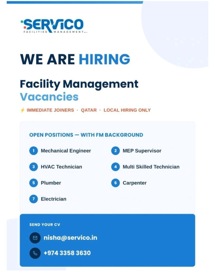 Servico Facilities Management Jobs in Qatar – Multiple Vacancies 1 Servico Facilities Management Jobs in Qatar – Multiple Vacancies