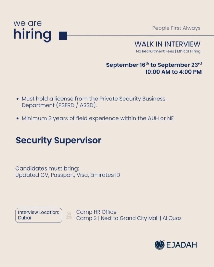 Ejadah Careers: Security Supervisor & Female Security Guard Walk-In Interview in Dubai 1 Ejadah Careers: Security Supervisor & Female Security Guard Walk-In Interview in Dubai