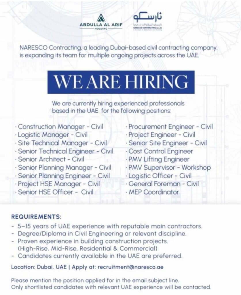 Naresco Contracting L.L.C Jobs in Dubai – Latest Vacancies 1 Naresco Contracting L.L.C Jobs in Dubai – Latest Vacancies