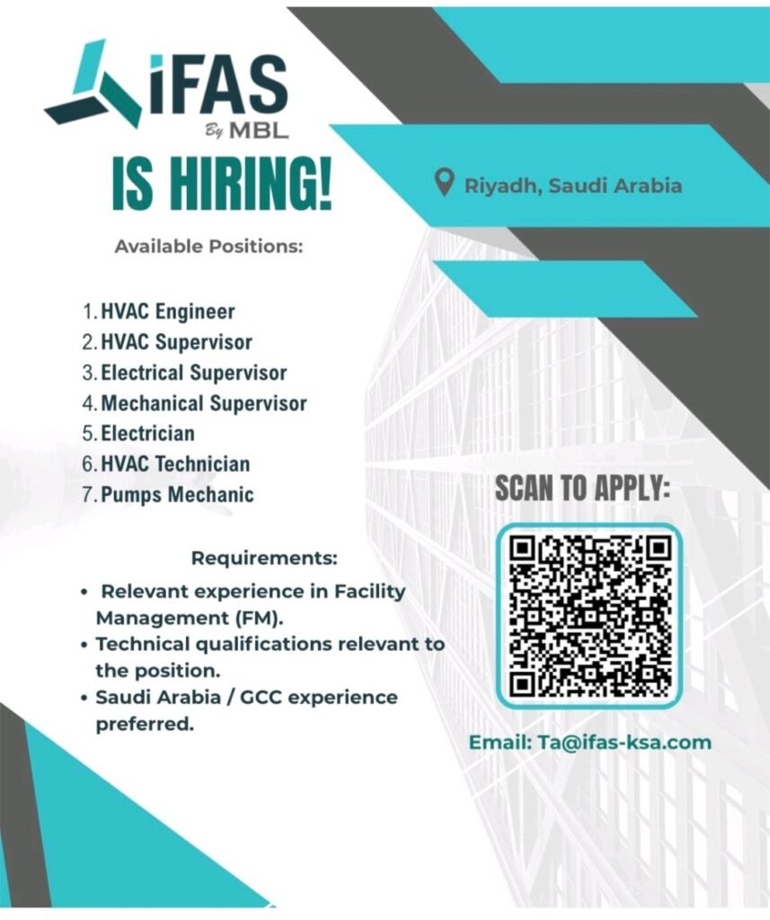 IFAS by MBL Careers 2026: HVAC, Electrical and Mechanical Jobs in Riyadh, Saudi Arabia 1 IFAS by MBL Careers 2026: HVAC, Electrical and Mechanical Jobs in Riyadh, Saudi Arabia