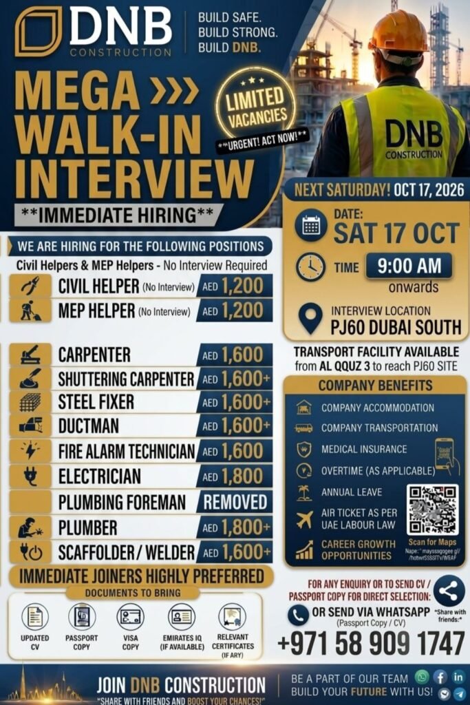 DNB Construction Jobs in Dubai – Mega Walk-In Interview 2026