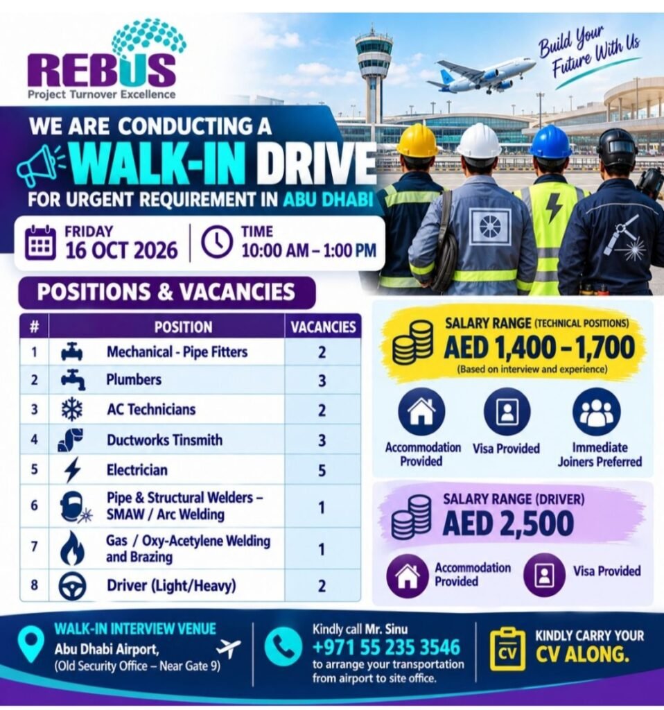 Rebus Holdings Walk-In Interview 2026: Technical Jobs and Driver Vacancies in Abu Dhabi