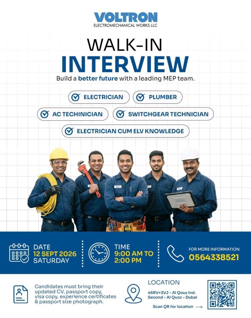Voltron Electromechanical Works LLC Jobs – Walk-In Interview in Dubai 1 Voltron Electromechanical