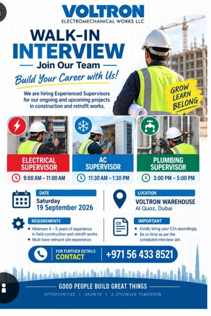 Voltron Electromechanical Works LLC Walk-In Interview in Dubai – Supervisor Jobs