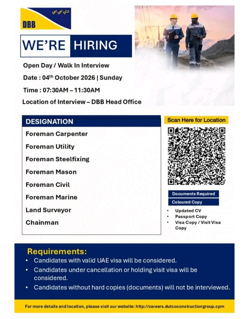 DBB Contracting LLC Jobs 2026 – Open Day & Walk-In Interview 1 DBB Contracting