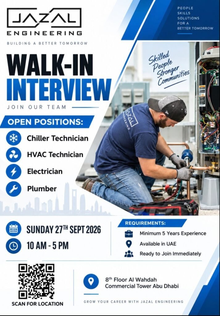 Jazal Engineering Walk-In Interview 2026 – Chiller Technician, HVAC Technician, Electrician & Plumber Jobs 1 Jazal Engineering