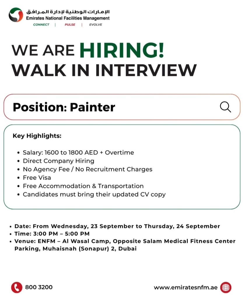 Emirates National Facilities Management Jobs – Painter Walk-In Interview in Dubai 1 Emirates National Facilities Management