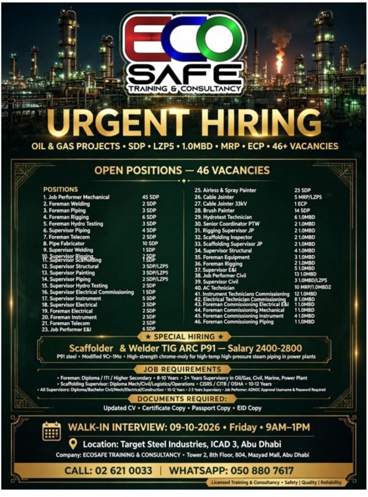 ECO SAFE Training & Consultancy Walk-In Interview 2026 – 46 Oil & Gas Vacancies in Abu Dhabi