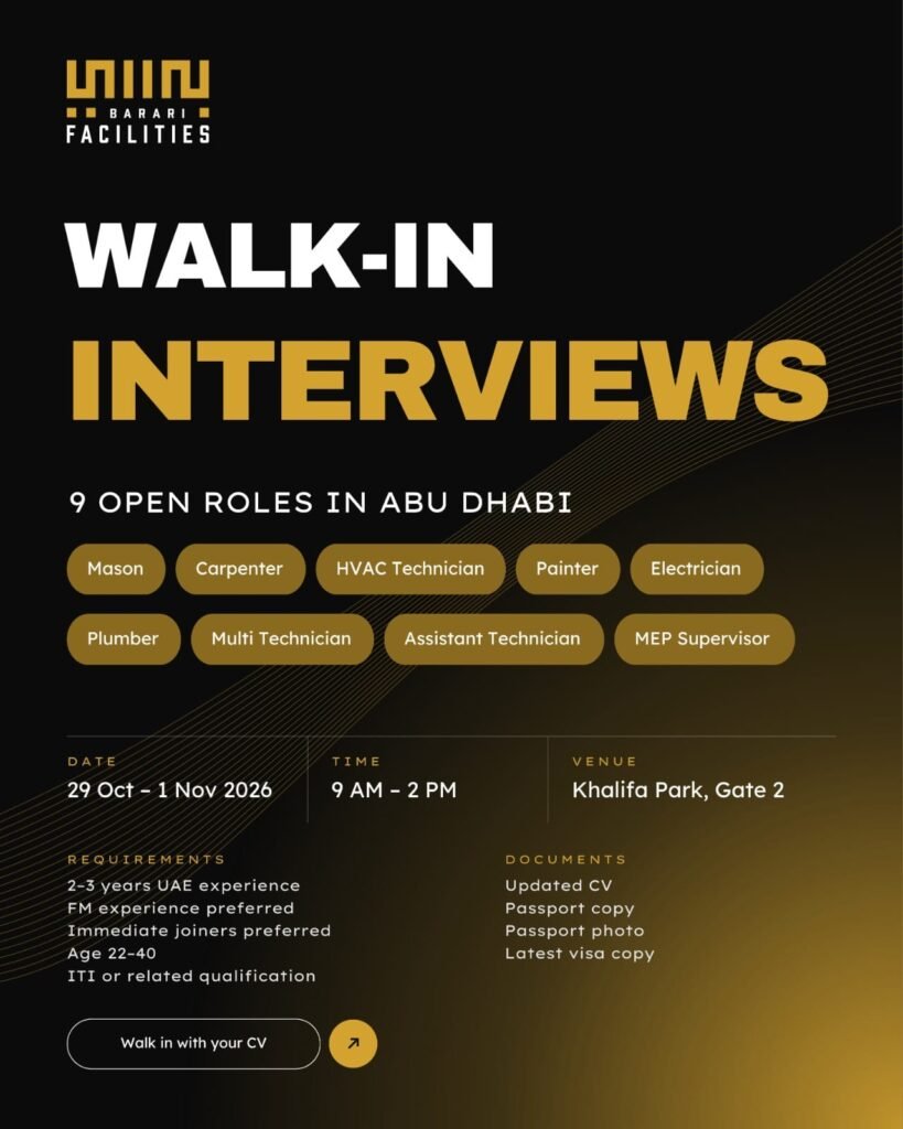 Barari Facilities Walk-In Interview 2026 – 9 Job Vacancies in Abu Dhabi 1 Barari Facilities walk-in interview 2026 in Abu Dhabi from 29 October to 1 November. Apply for 9 FM jobs and attend with your updated CV and required documents.