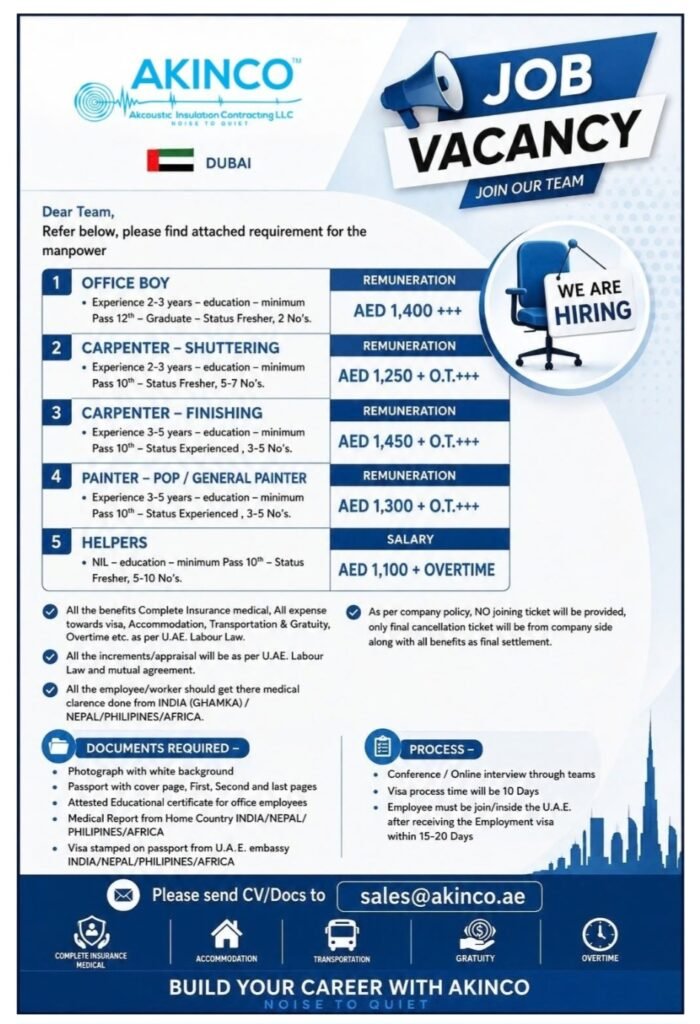 AKINCO Jobs in Dubai 2026 – Office Boy, Carpenter, Painter & Helper Vacancies 1 AKINCO
