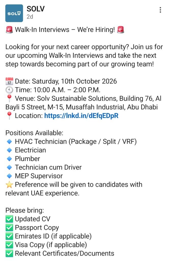 SOLV Sustainable Solutions Jobs – Walk-In Interview in Abu Dhabi 1 SOLV