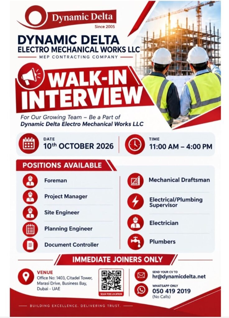 Dynamic Delta Electro Mechanical Works LLC Walk-In Interview 2026 – Dubai Jobs 1 Dynamic Delta