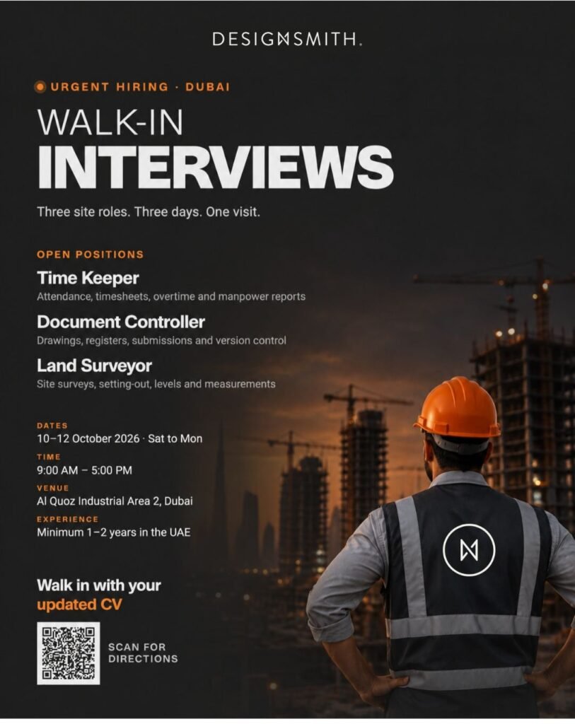 DesignSmith Walk-In Interview 2026 in Dubai – Time Keeper, Document Controller & Land Surveyor Jobs 1 DesignSmith