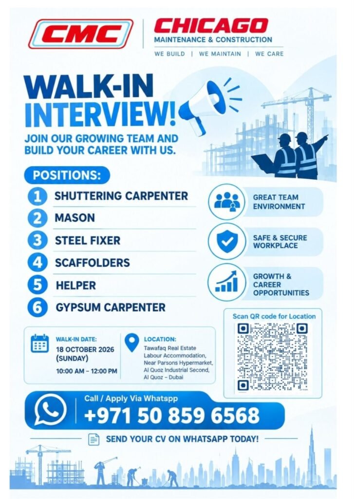 Chicago Maintenance and Construction (CMC) Walk-In Interview 2026 – Dubai Jobs 1 Chicago Maintenance and Construction