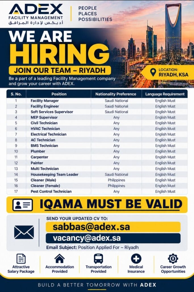 ADEX Facility Management Jobs in Riyadh, Saudi Arabia – Latest Vacancies 1 ADEX Facility Management