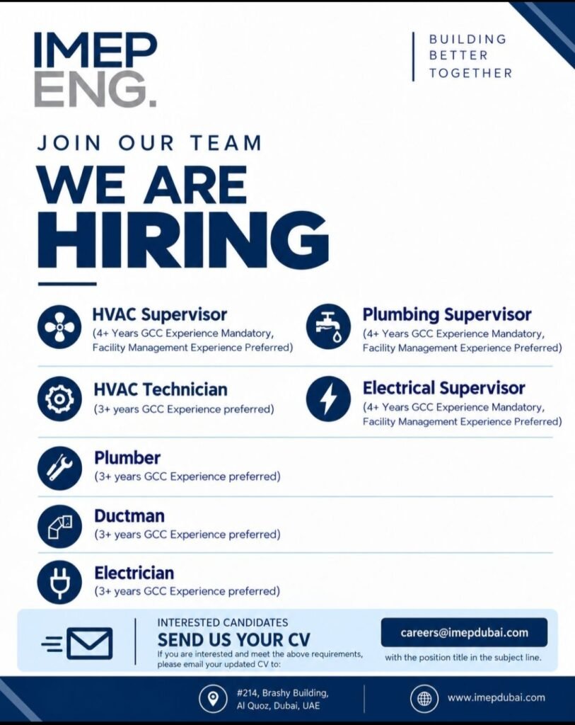 IMEP Engineering & Contracting LLC Jobs in Dubai – HVAC, Electrical, Plumbing & Technician Vacancies 1 IMEP Engineering & Contracting LLC Recruitment 2026