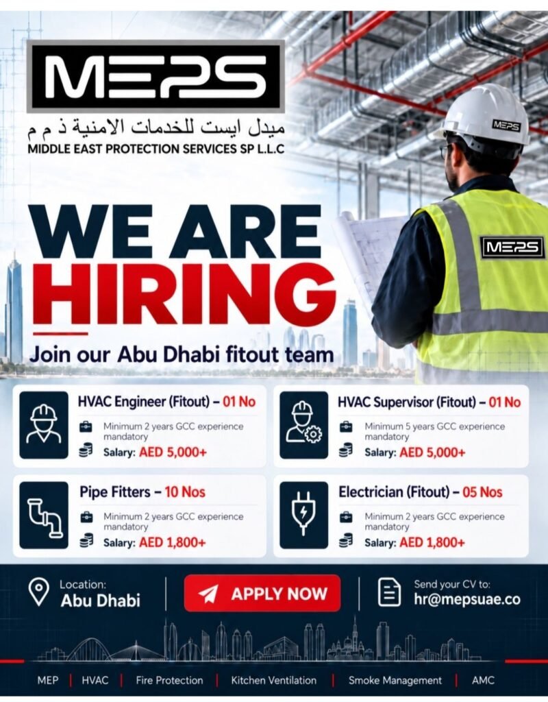 Middle East Protection Services UAE Jobs 2026: HVAC Engineer, HVAC Supervisor, Pipe Fitter & Electrician Vacancies in Abu Dhabi 1 Middle East Protection Services