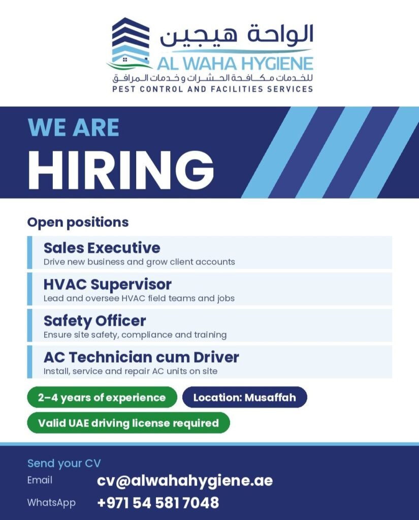 Al Waha Hygiene Jobs in Abu Dhabi, UAE – Sales Executive, HVAC Supervisor & More 1 Al Waha Hygiene