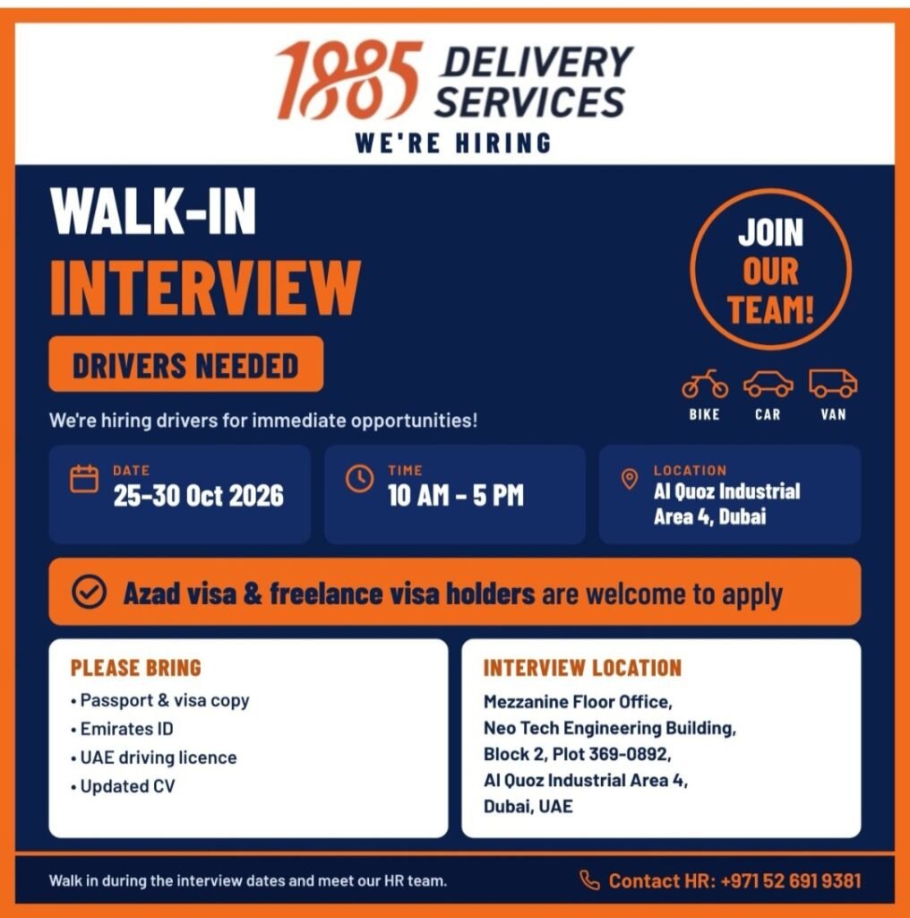 1885 Delivery Services Jobs in Dubai 2026 – Walk-In Interview for Bike, Car & Van Drivers 1 1885 Delivery Services