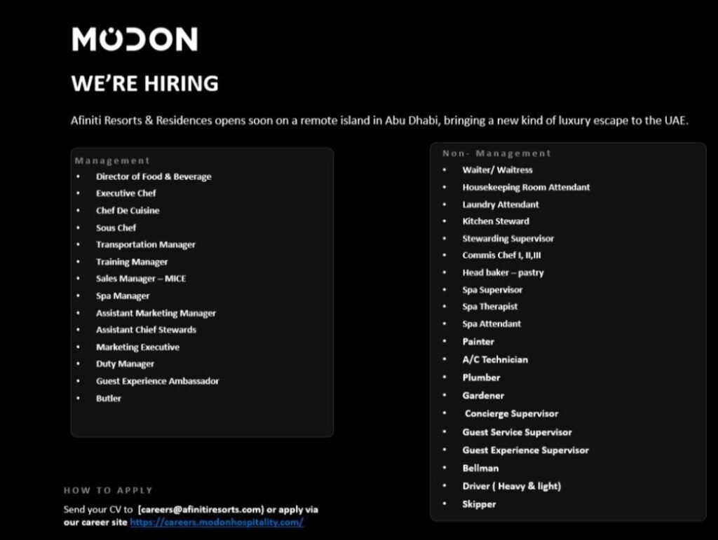 MODON Hospitality Jobs in Abu Dhabi – Afiniti Resorts & Residences Careers 2026 1 MODON Hospitality
