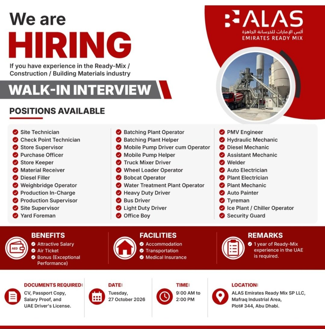 Xyz Notes ALAS Emirates Ready Mix Jobs In Abu Dhabi – Walk-In Interview On 27 ...