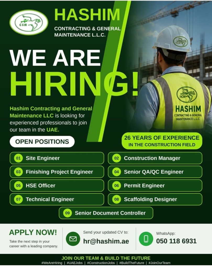 Hashim Contracting & General Maintenance L.L.C. Jobs in UAE – 9 Vacancies 1 Hashim Contracting & General Maintenance